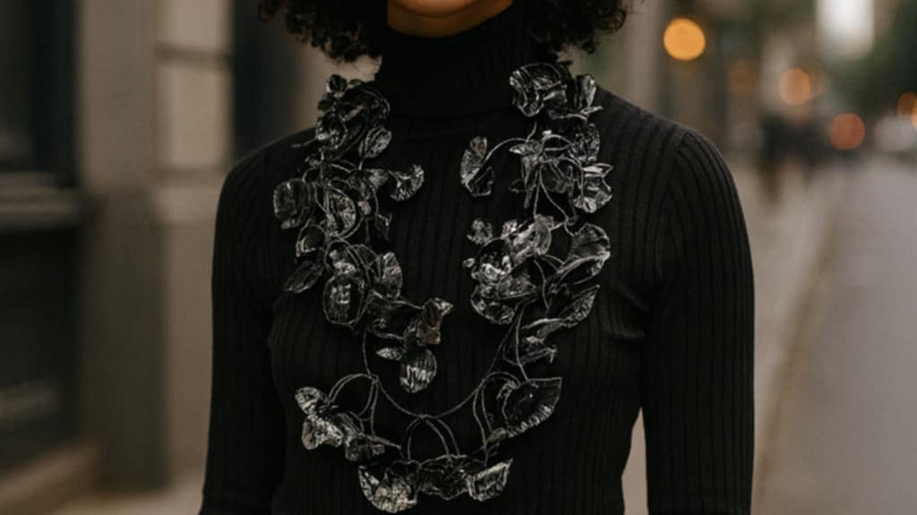 Model wearing a bold black and silver statement necklace by Jianhui London with a black turtleneck and jeans, styled for an urban chic look