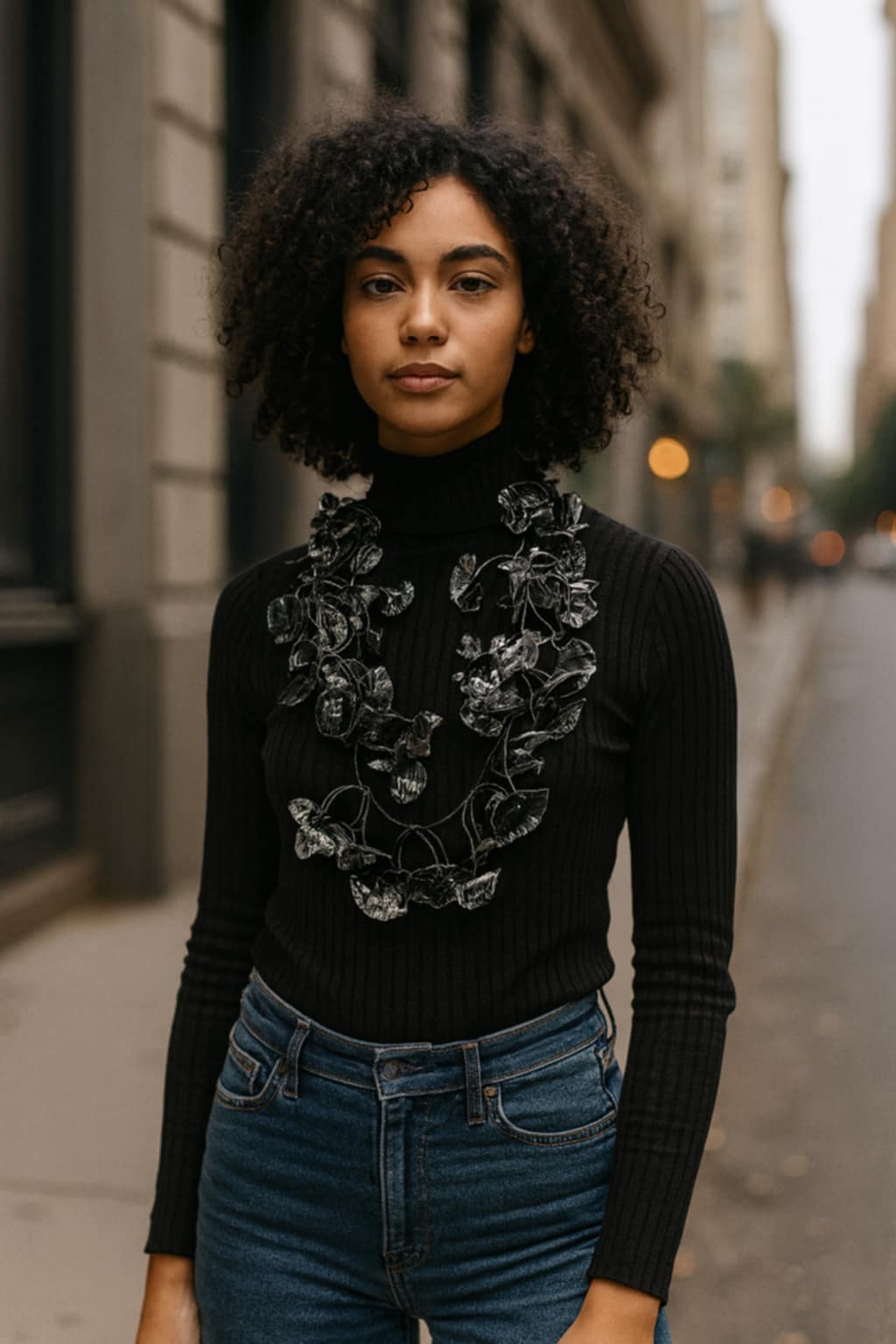 Model wearing a bold black and silver statement necklace by Jianhui London with a black turtleneck and jeans, styled for an urban chic look