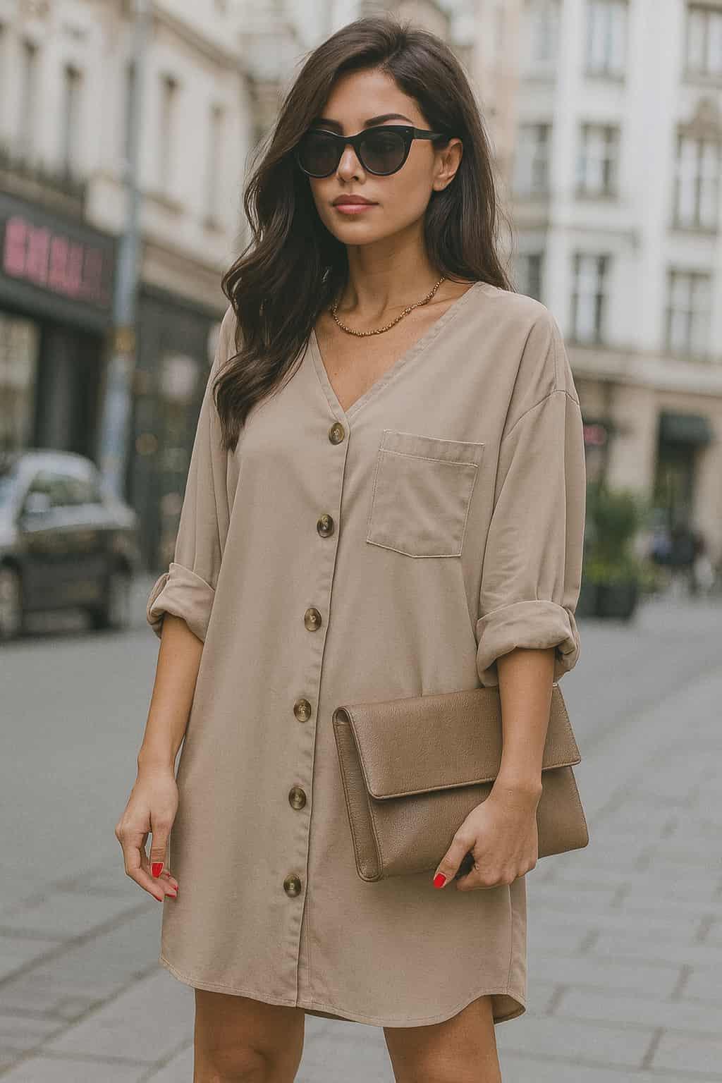 Chic urban woman wearing beige button-front shirt dress with rolled sleeves, pocket detail, and tortoiseshell buttons