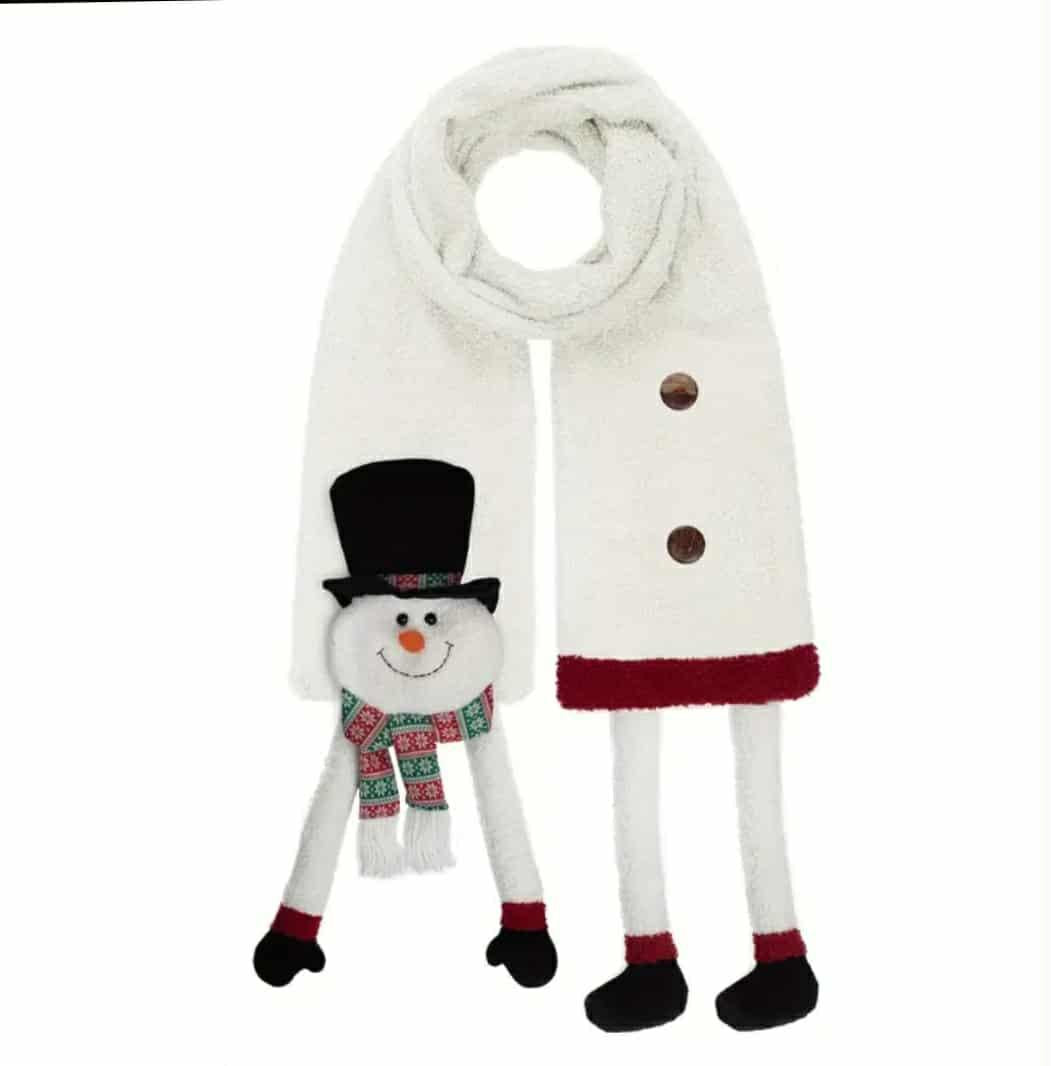 White whimsical snowman scarf with top hat, carrot nose, festive details, and plush fabric – cozy winter accessory and holiday gift