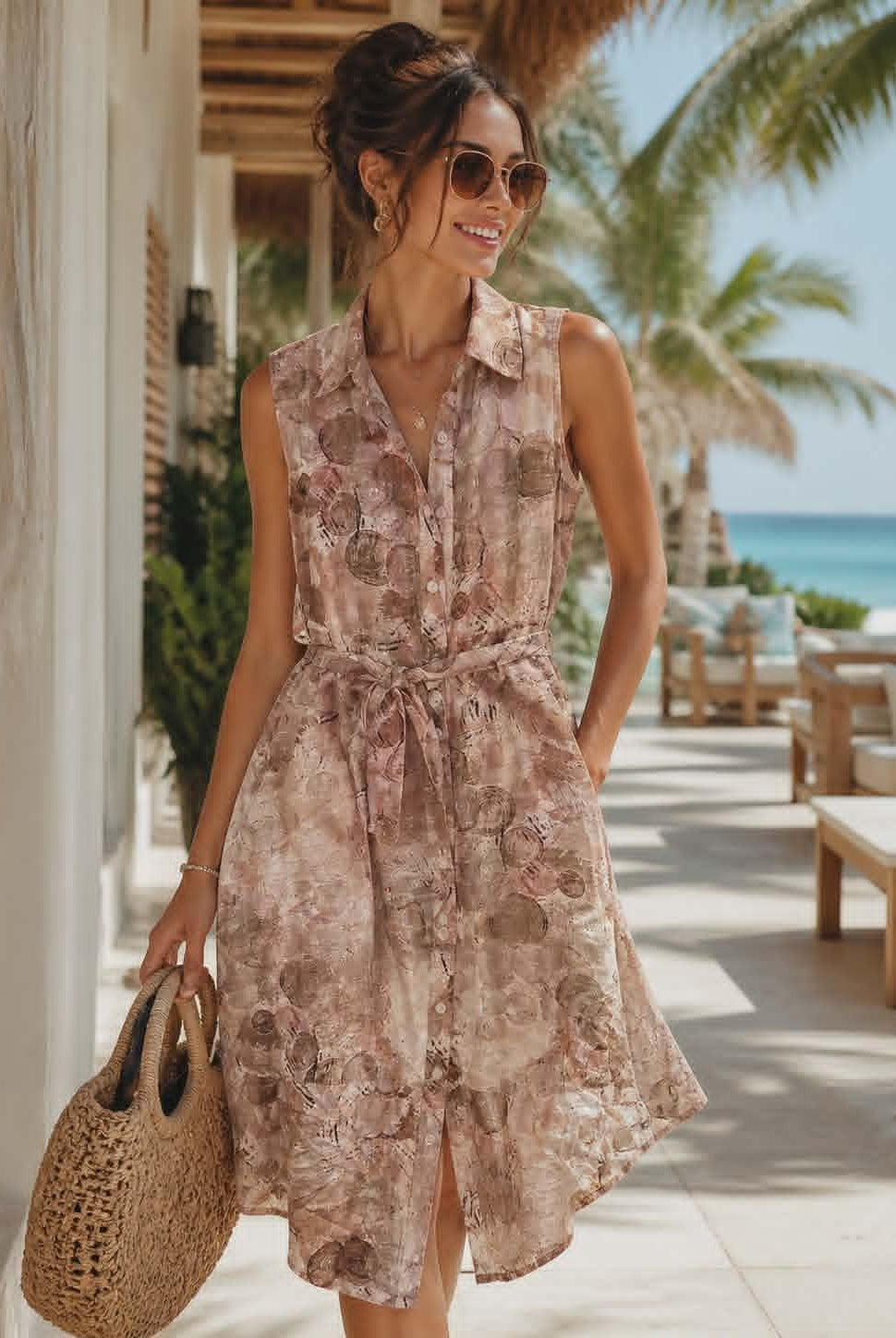 Spanner sleeveless shirt dress with tie waist in neutral abstract print, styled for a resort chic look