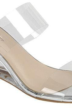 Clear wedge slide sandal with silver footbed and transparent double straps