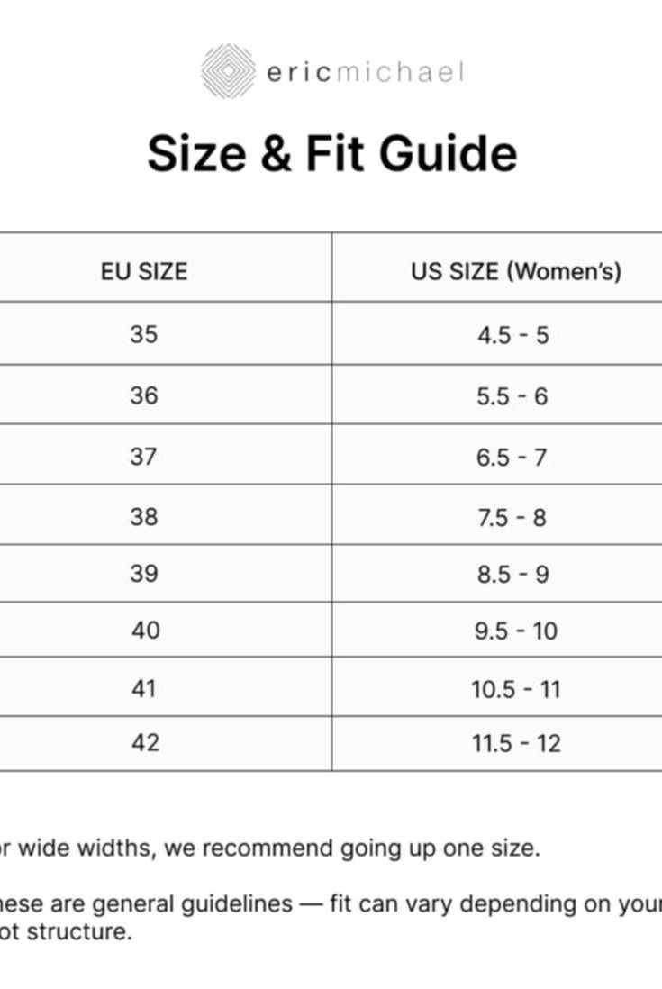 Size and fit guide for women's shoes comparing EU and US sizes, with 'eric michael' branding.