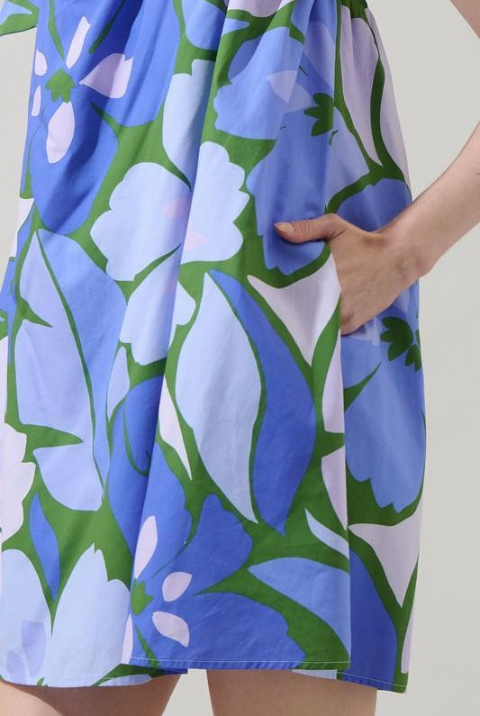 Sugar Lips blue floral one-shoulder summer dress with tie strap and breezy resort style silhouette