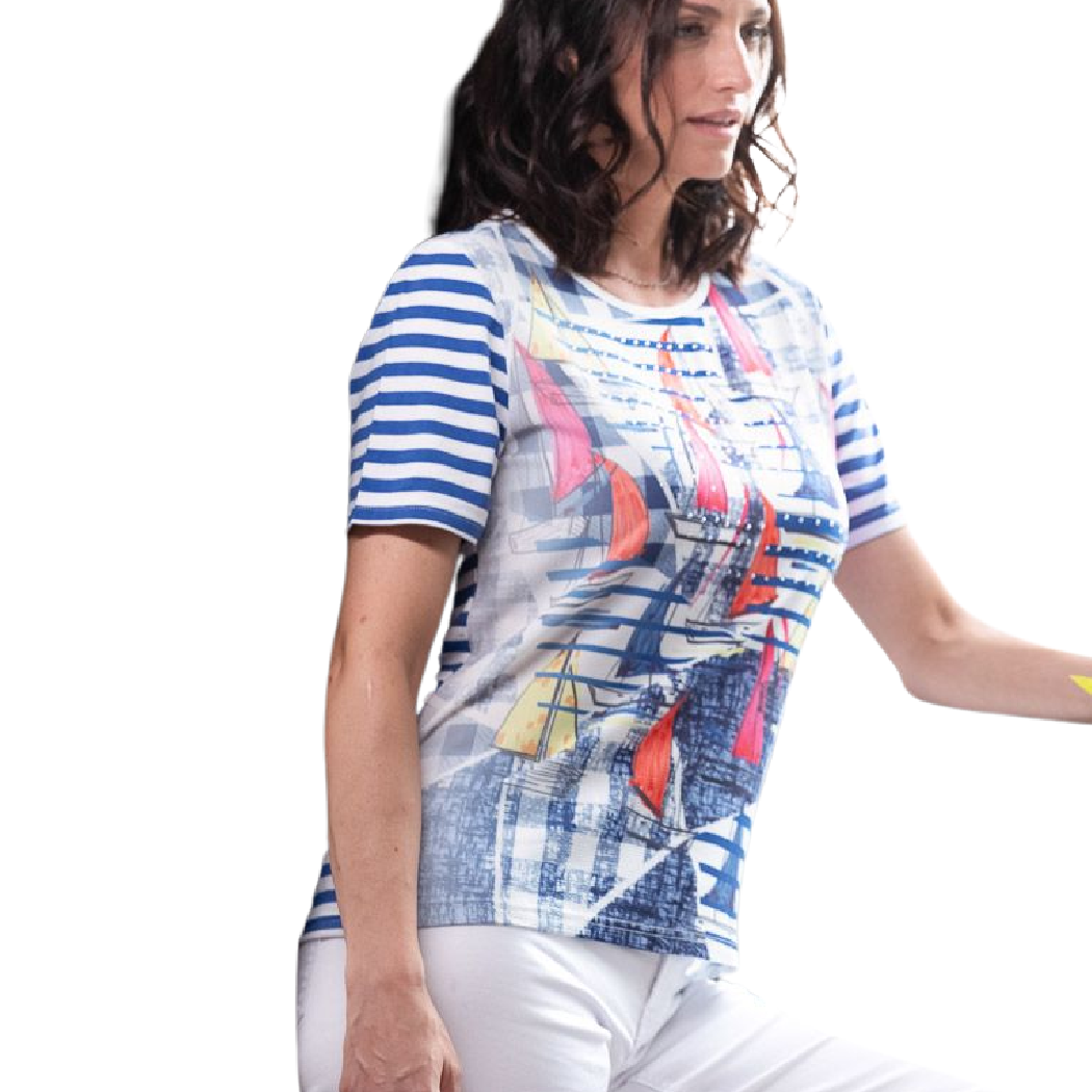 Alison Sheri Sailboat Print Top with Subtle Crystal