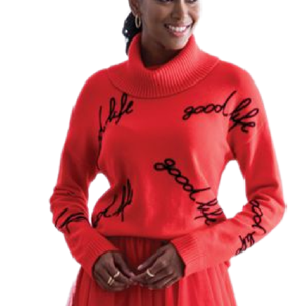 Alison Sheri Red Good Life Graphic Turtleneck Sweater