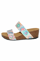Eric Michael Liat Wedge Sandal with colorful two-strap design on cork wedge sole