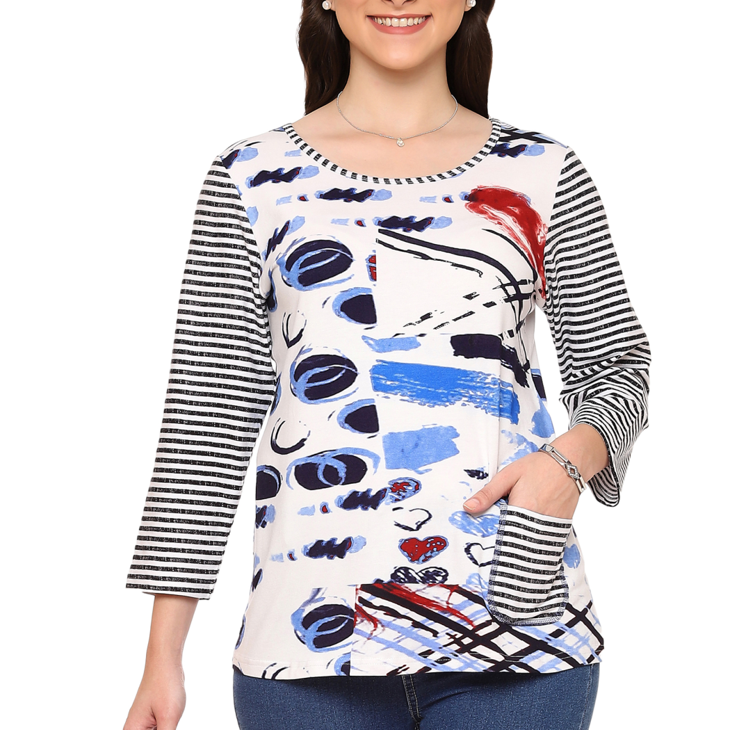Abstract Print 3/4 Sleeve Knit Top