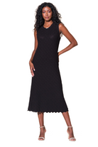 Model wearing Alison Sheri black sleeveless knit sweater dress with scalloped hemline and chic midi length