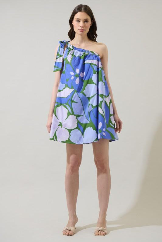 Sugar Lips blue floral one-shoulder summer dress with tie strap and breezy resort style silhouette