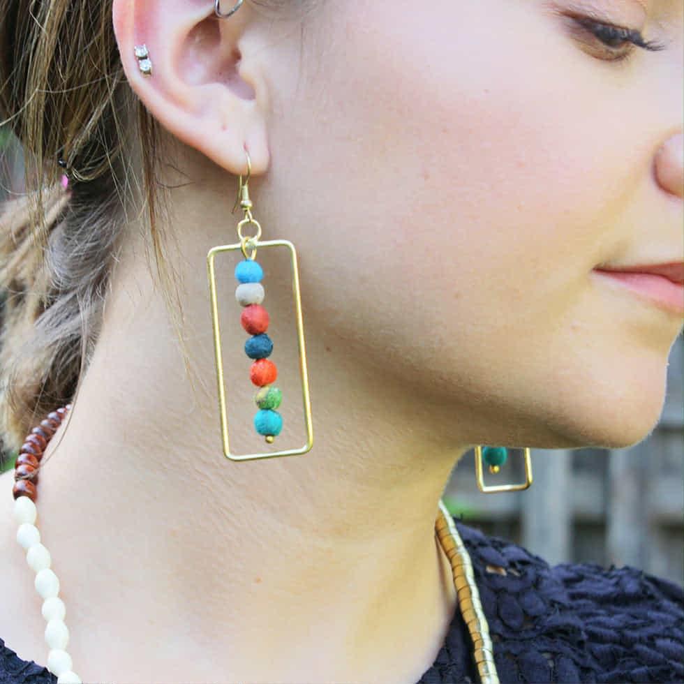 WorldFinds Kantha Fringe Earrings handmade from recycled textiles – colorful fair-trade boho earrings with gold accents