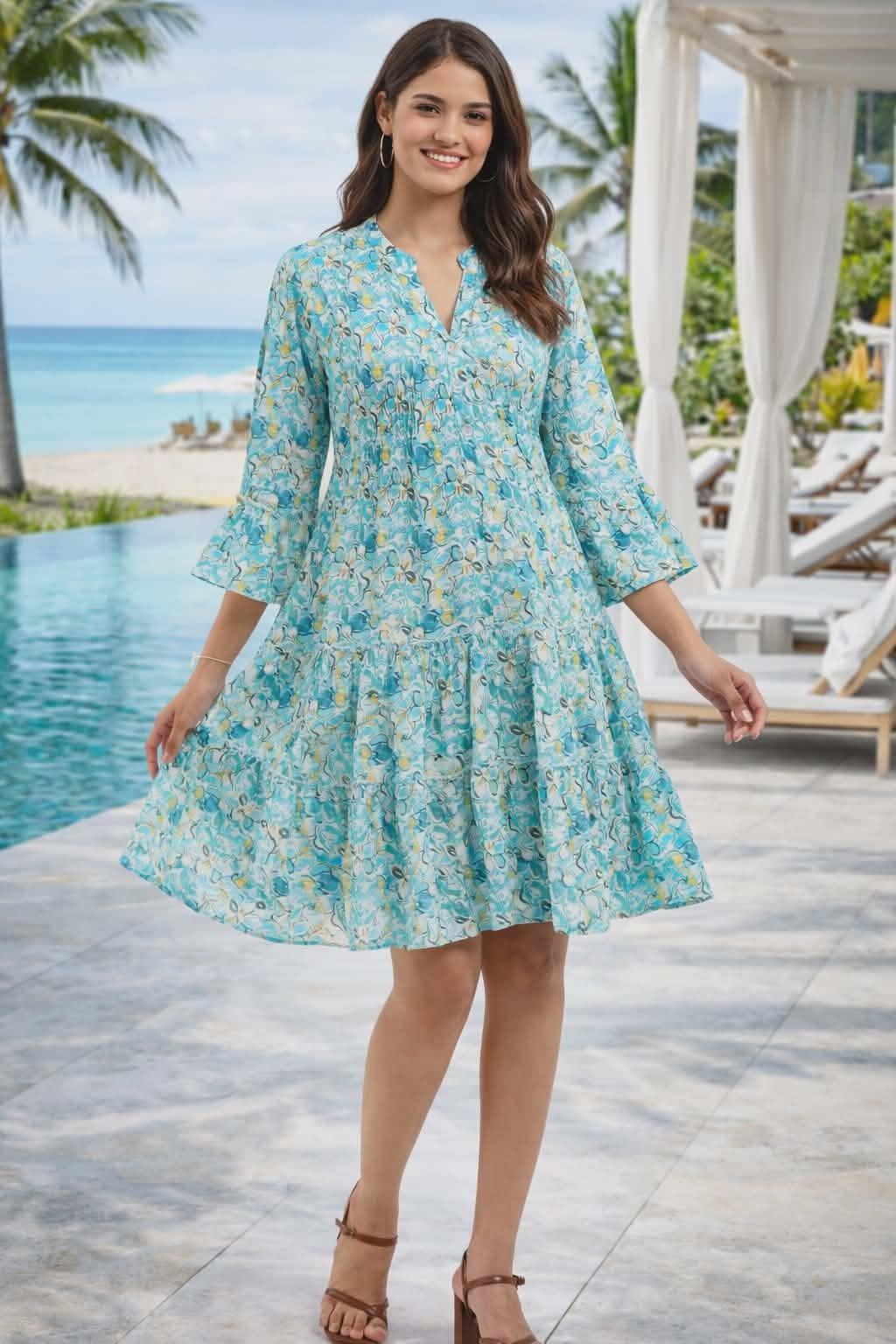 Parsley & Sage turquoise floral tiered cotton dress with three-quarter sleeves
