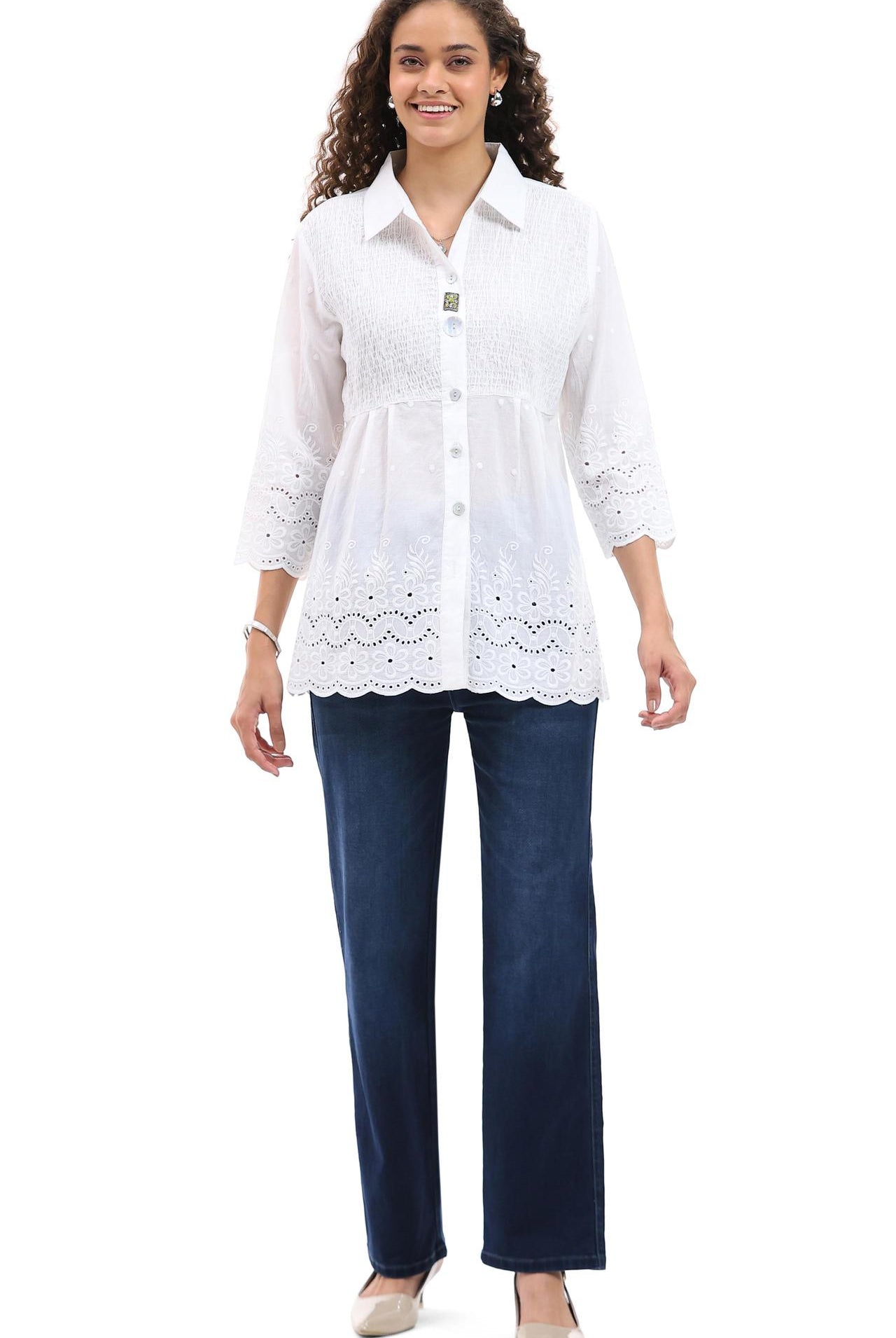 White cotton smocked blouse by Parsley & Sage with lace embroidered hem