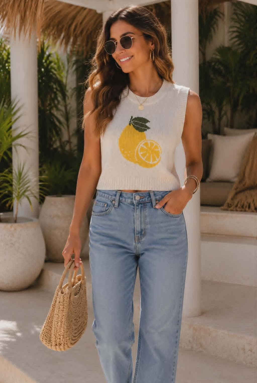 Women's white sleeveless knit sweater featuring a bright lemon graphic and fitted resort-inspired silhouette.