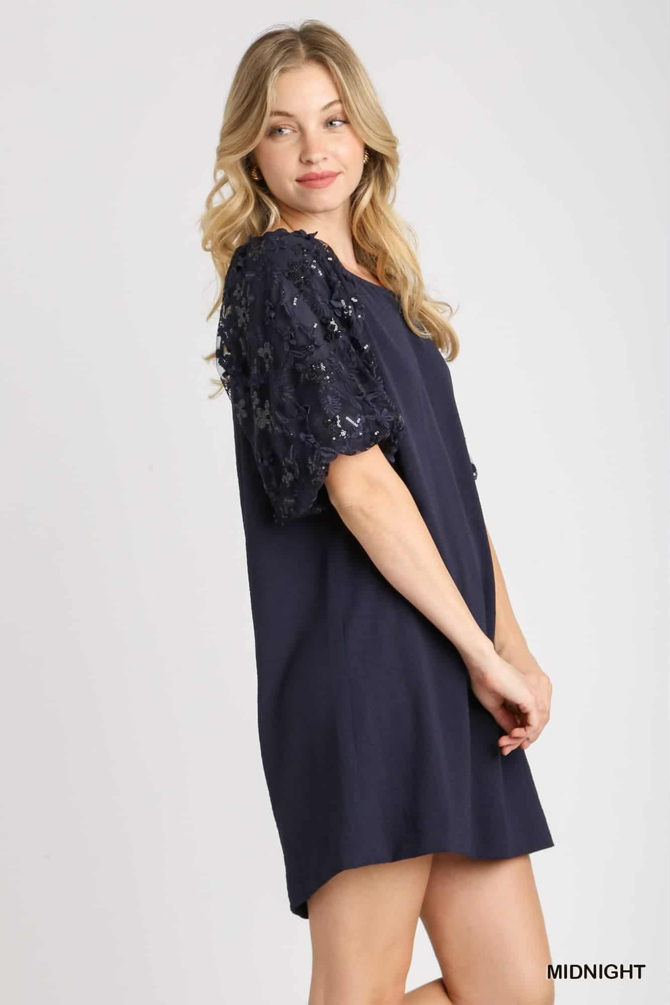 Elegant shift dress for evening wear from Petunias of Naples, side view