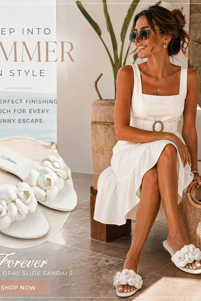 A woman in a white sundress sits on a bench beside a woven bag, wearing Forever white floral slide sandals. An inset shows the sandals close up.