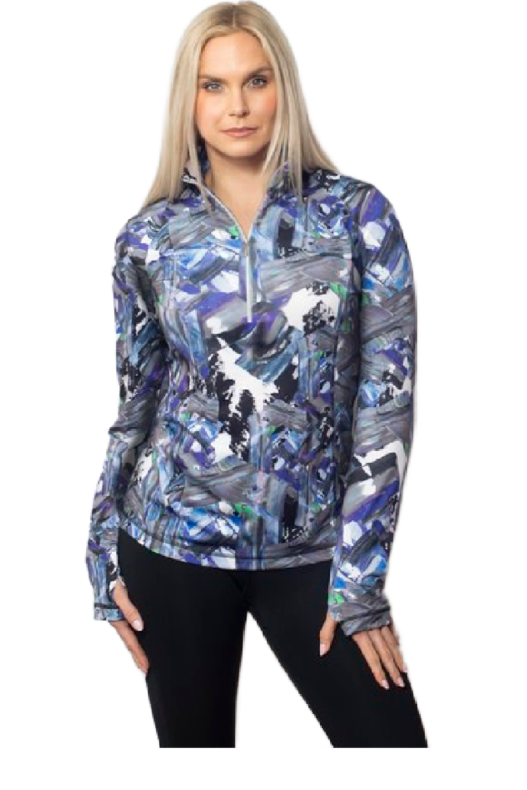 A woman modeling a long-sleeve half-zip athletic pullover with an abstract brushstroke pattern in shades of blue, purple, gray, and white, paired with black leggings against a plain white background.