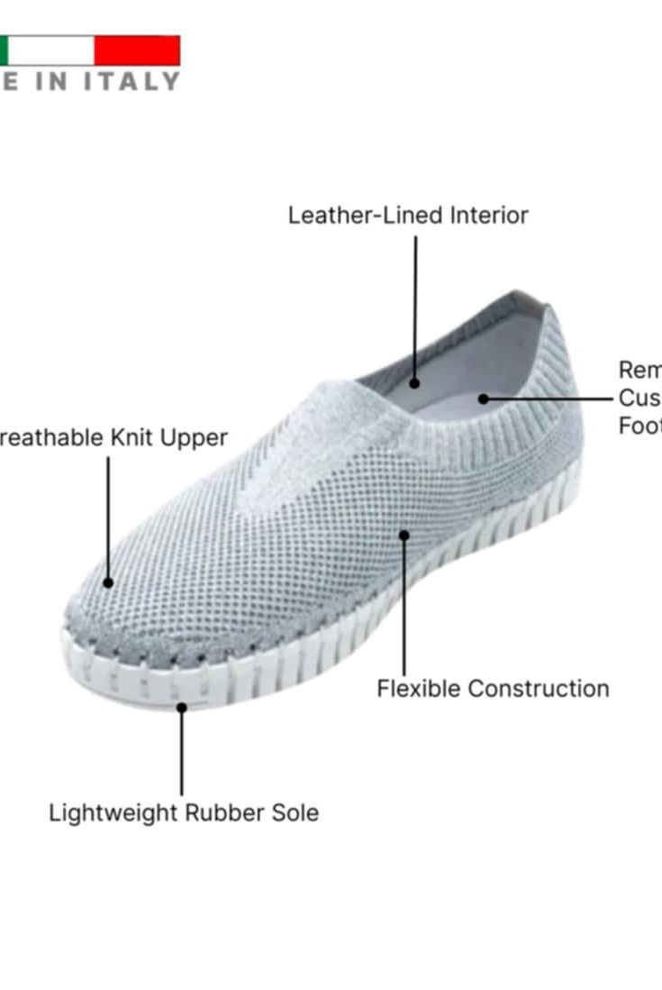 silver slip-on shoe with features labeled on a white background