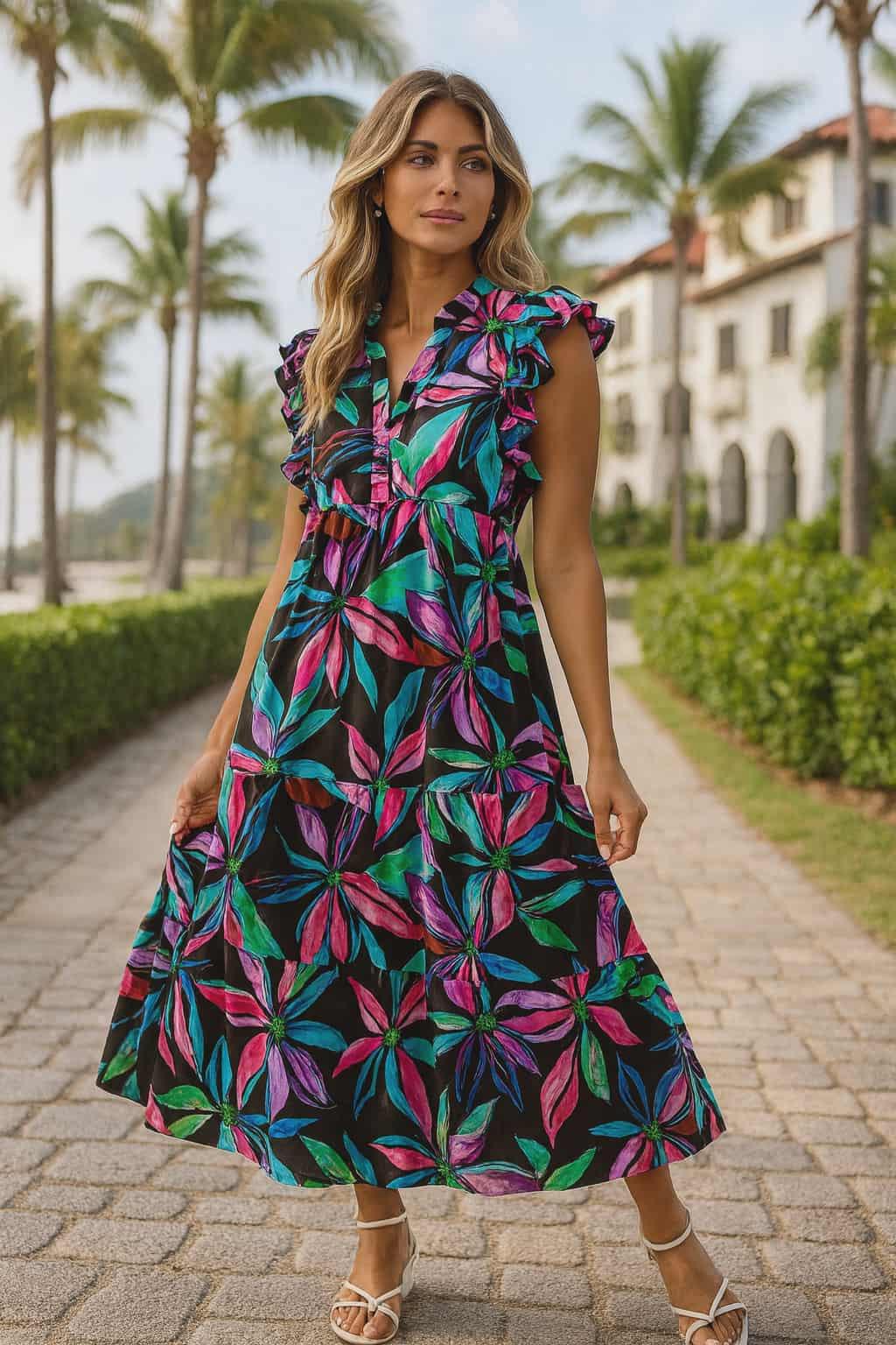 Resort chic woman wearing tropical floral ruffle-sleeve dress outdoors