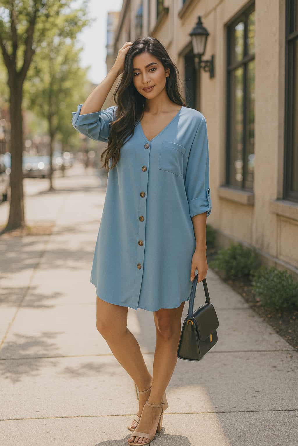 Beautiful woman wearing a light blue button-front tunic dress with rolled sleeves, standing on a city sidewalk
