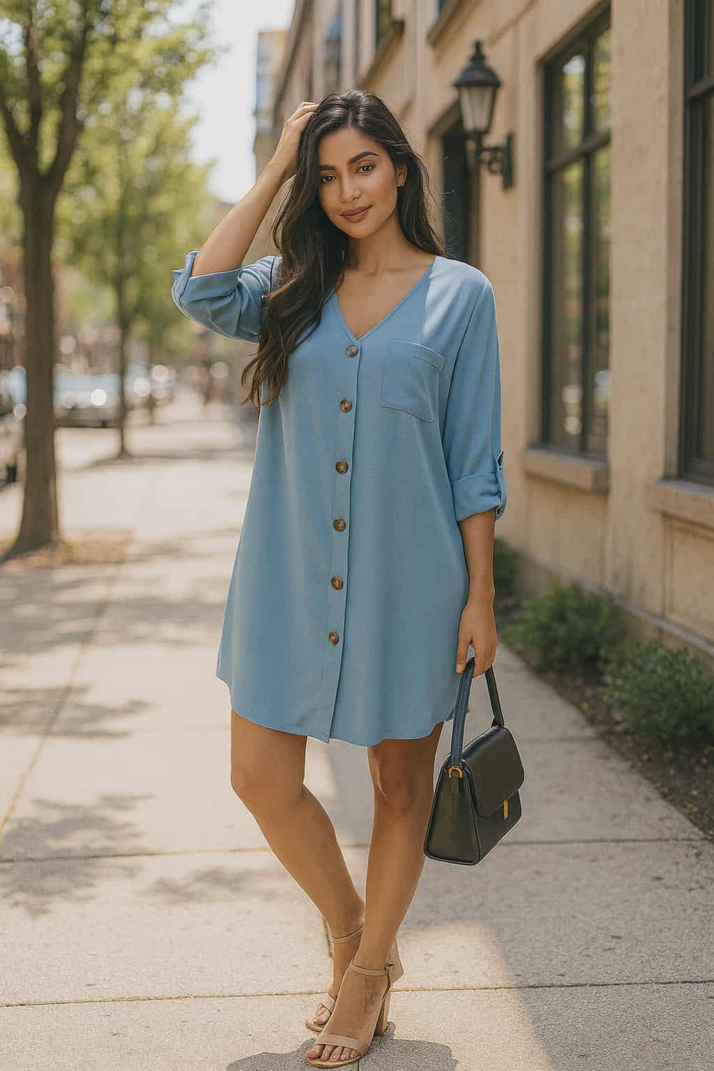 Beautiful woman wearing a light blue button-front tunic dress with rolled sleeves, standing on a city sidewalk