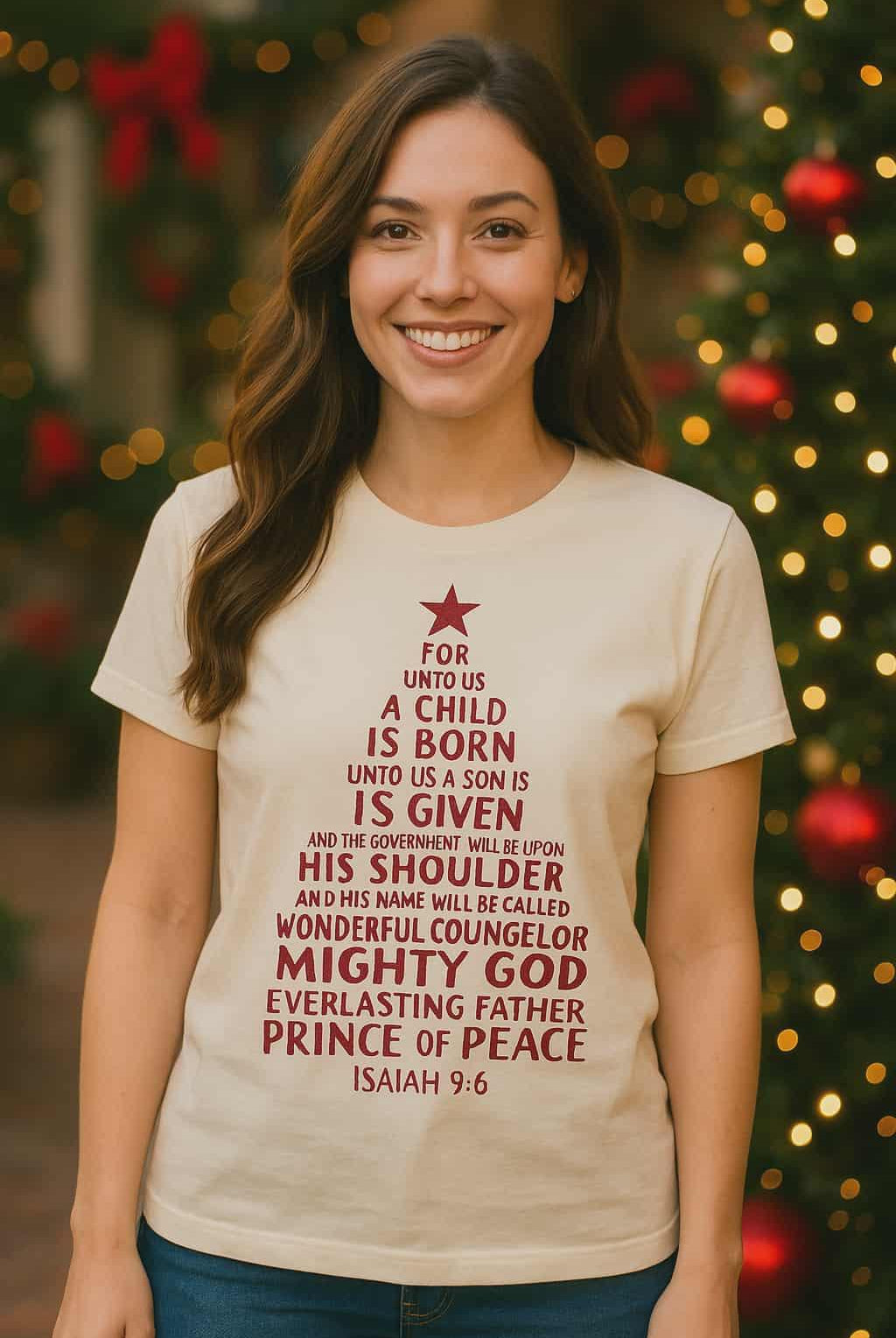 A smiling woman wearing a cream-colored t-shirt with a red Christmas-themed Bible verse graphic, posed in front of a festive, blurred Christmas tree background with lights and ornaments.