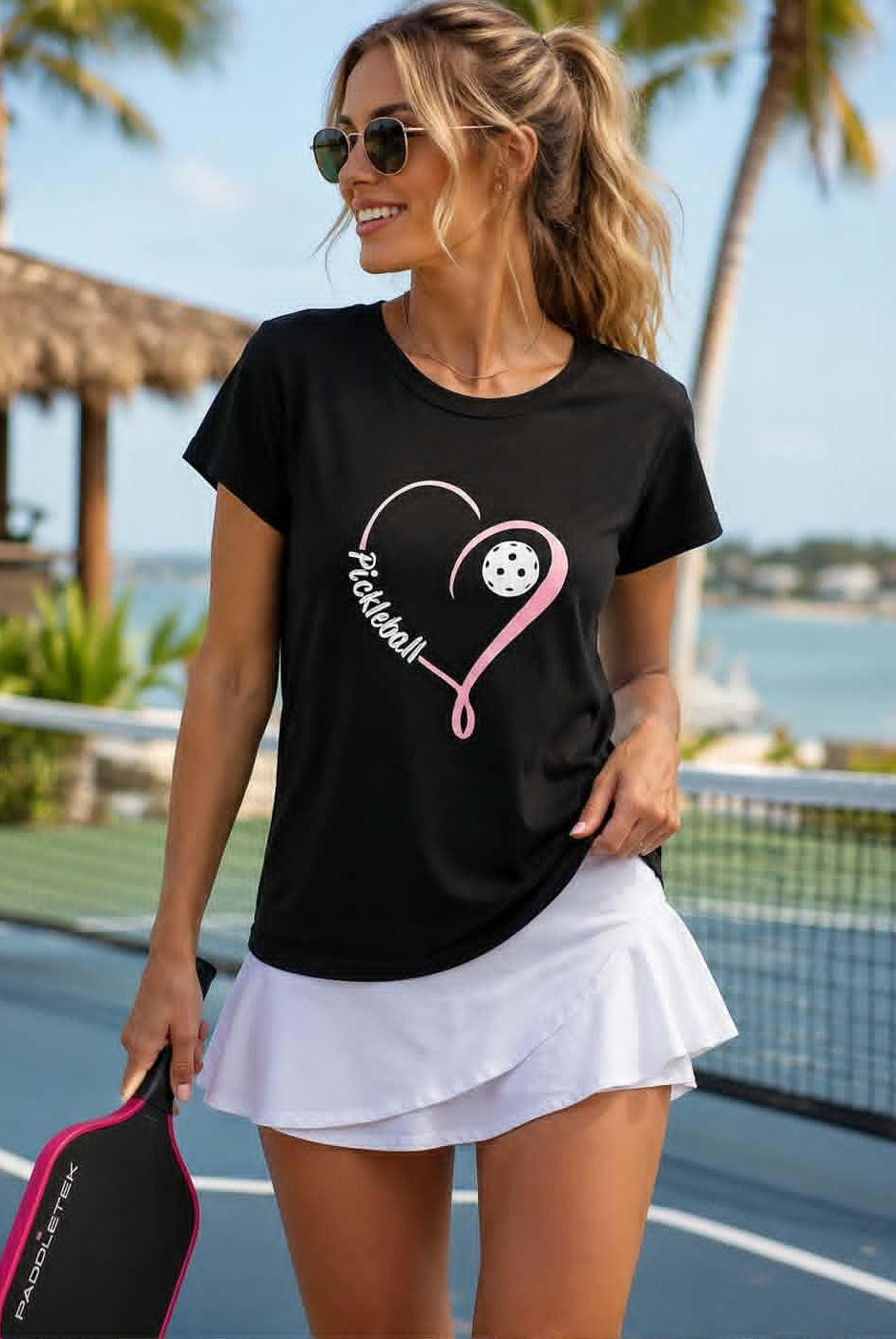 Women's black poly-spandex crew neck tee featuring a pink heart pickleball graphic, styled for casual resort-chic and pickleball-inspired fashion