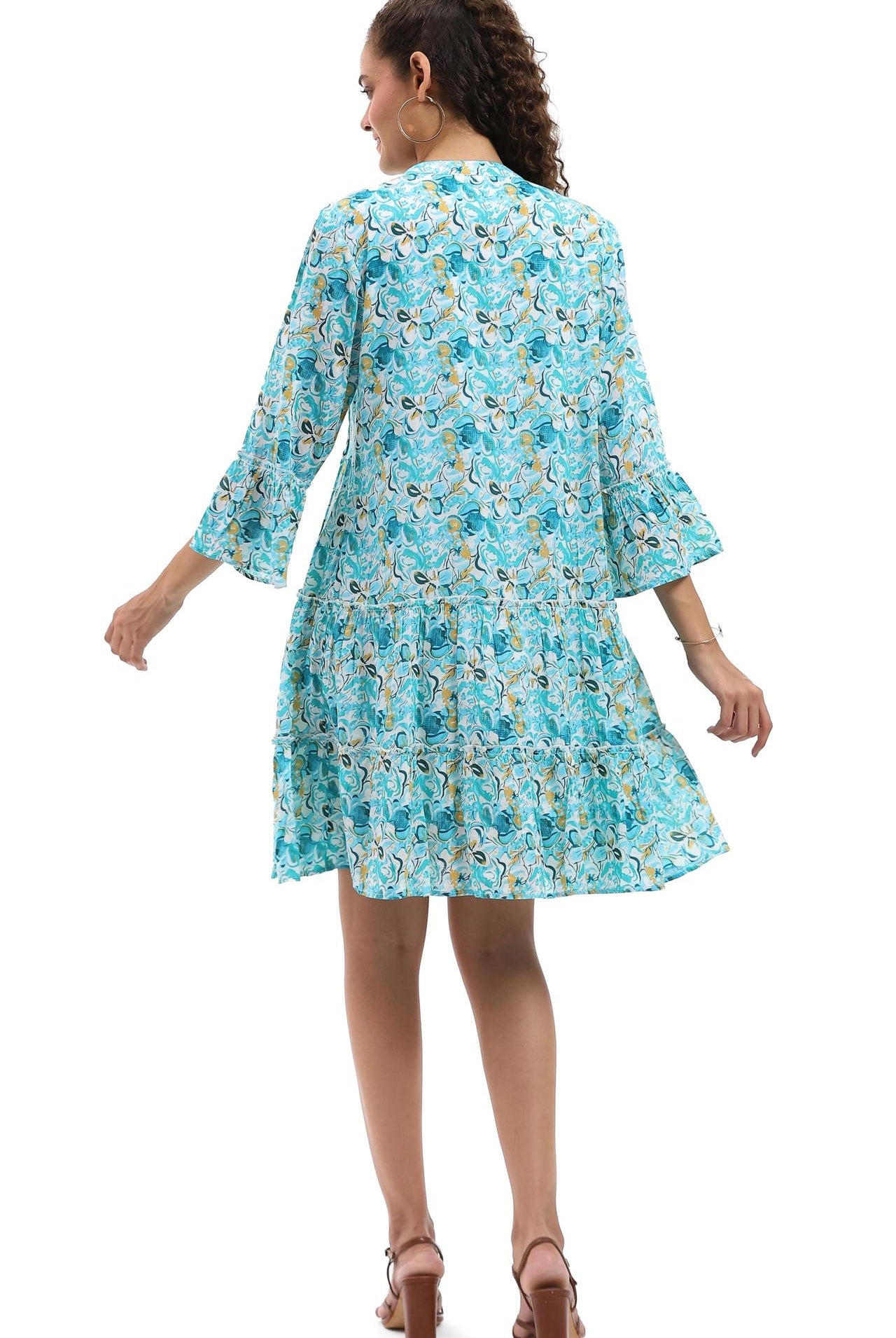 Parsley & Sage turquoise floral tiered cotton dress with three-quarter sleeves, back View