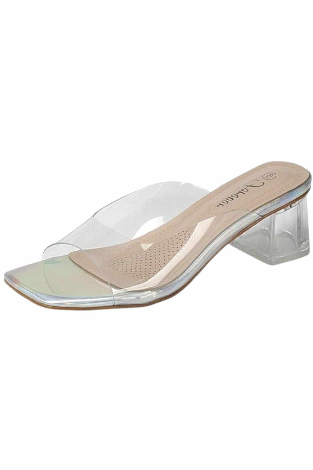 A clear, transparent heeled sandal with a minimalist strap, designed with a modern aesthetic.
