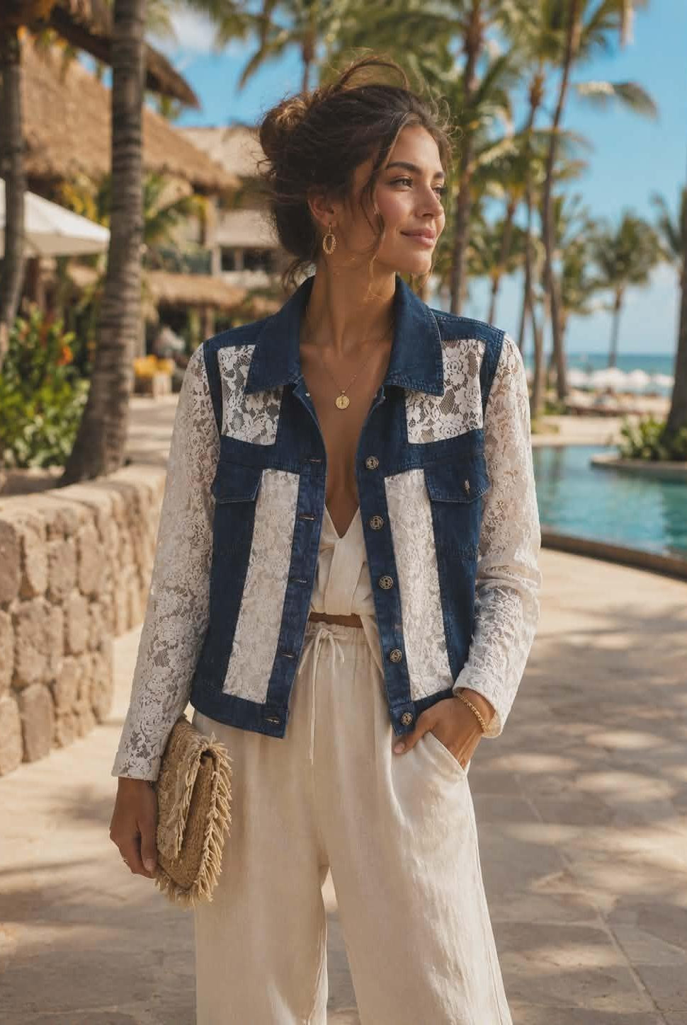 Women's Parsley & Sage denim and floral lace jacket with button front closure, classic collar, lace sleeves, and mixed-media design.