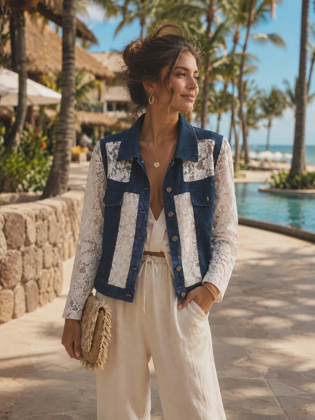Women's Parsley & Sage denim and floral lace jacket with button front closure, classic collar, lace sleeves, and mixed-media design.