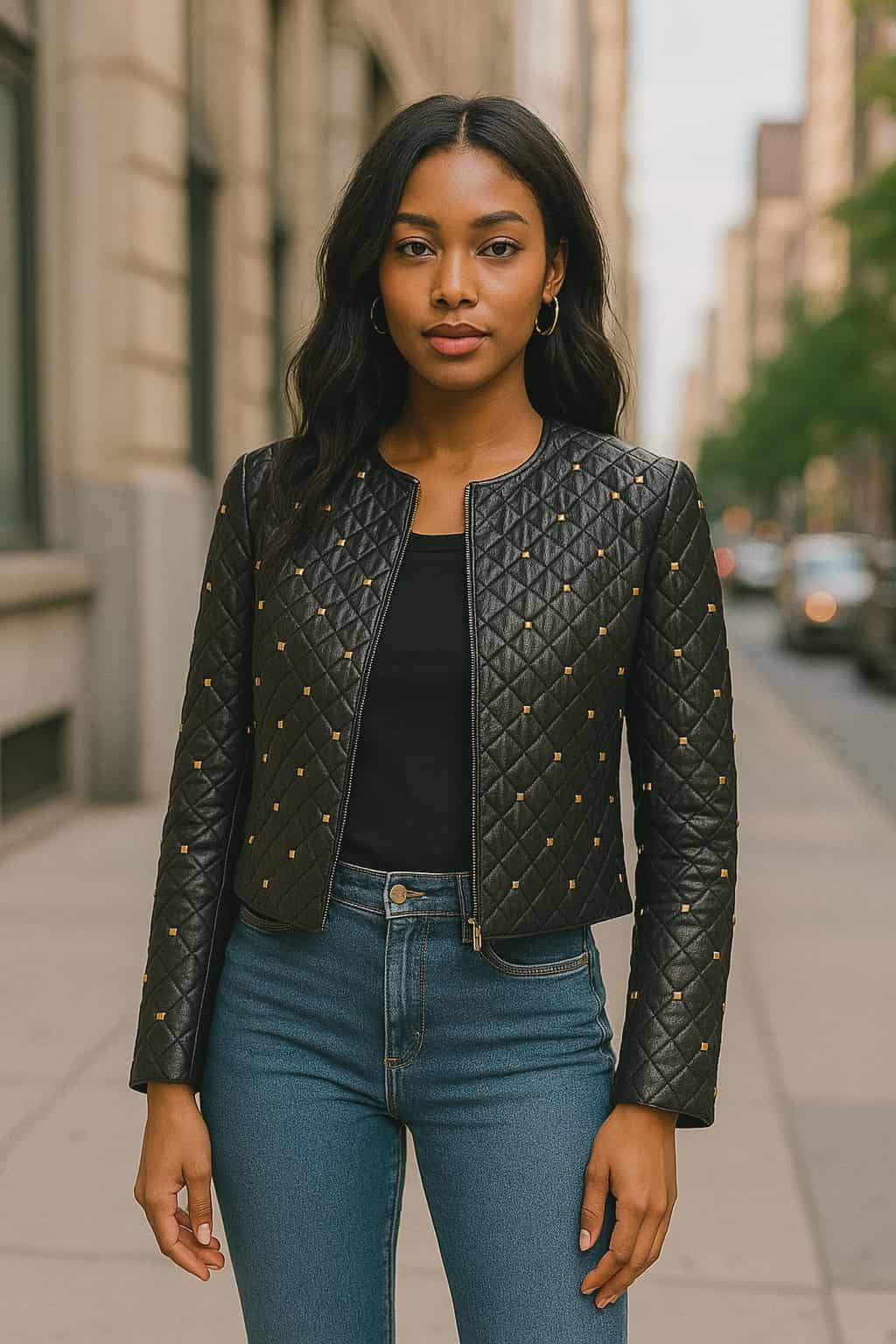 Insight NY vegan leather quilted black jacket with gold studs, front view