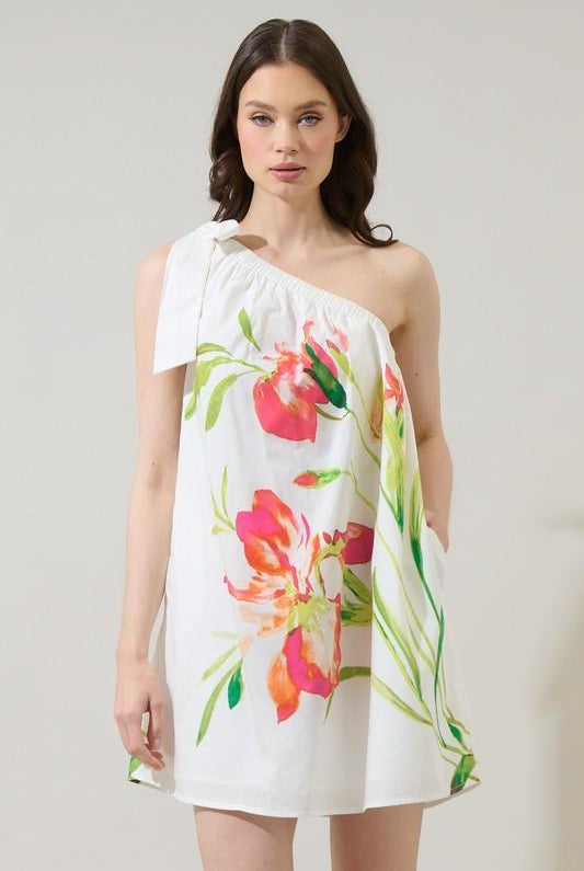 Sugar Lips tropical floral one-shoulder summer dress with pink flowers and breezy resort silhouette