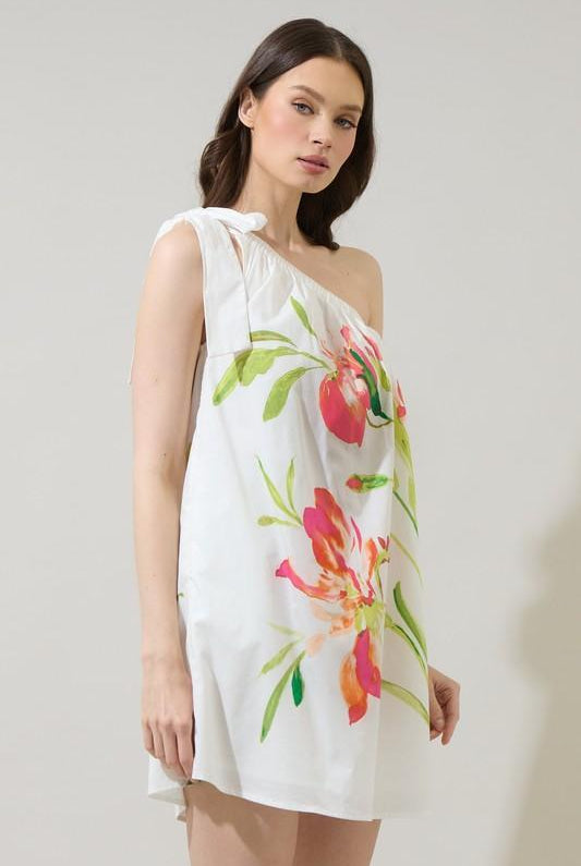 Sugar Lips tropical floral one-shoulder summer dress with pink flowers and breezy resort silhouette