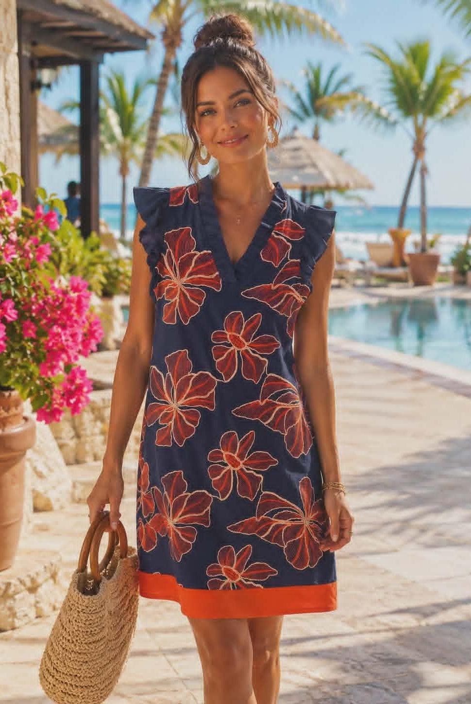 Woman wearing navy floral Voy resort dress with coral tropical print and ruffle sleeves at a luxury beach resort.