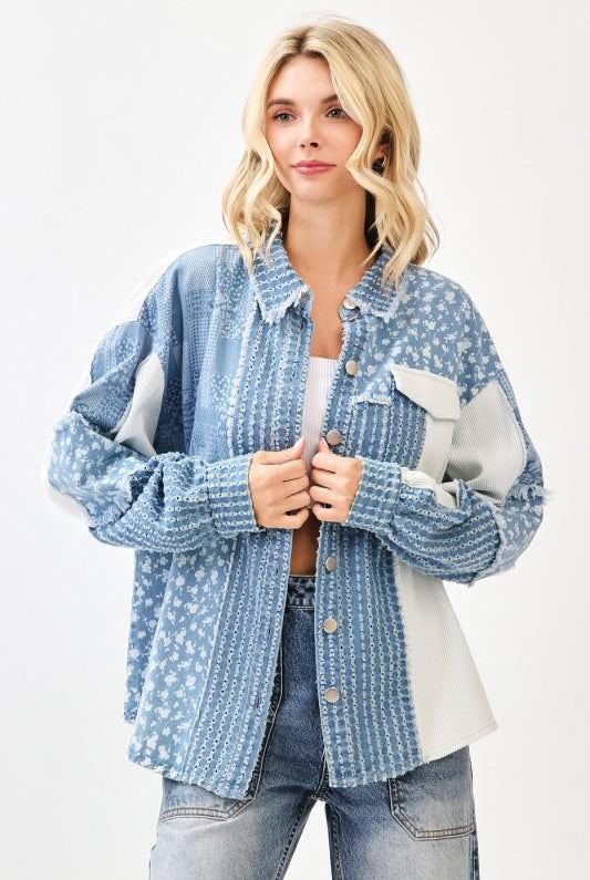 Light blue patchwork denim shacket with mixed prints and button-front design – Petunias of Naples”
