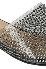 Rhinestone lucite slide sandal with crystal embellished low block heel and open toe design