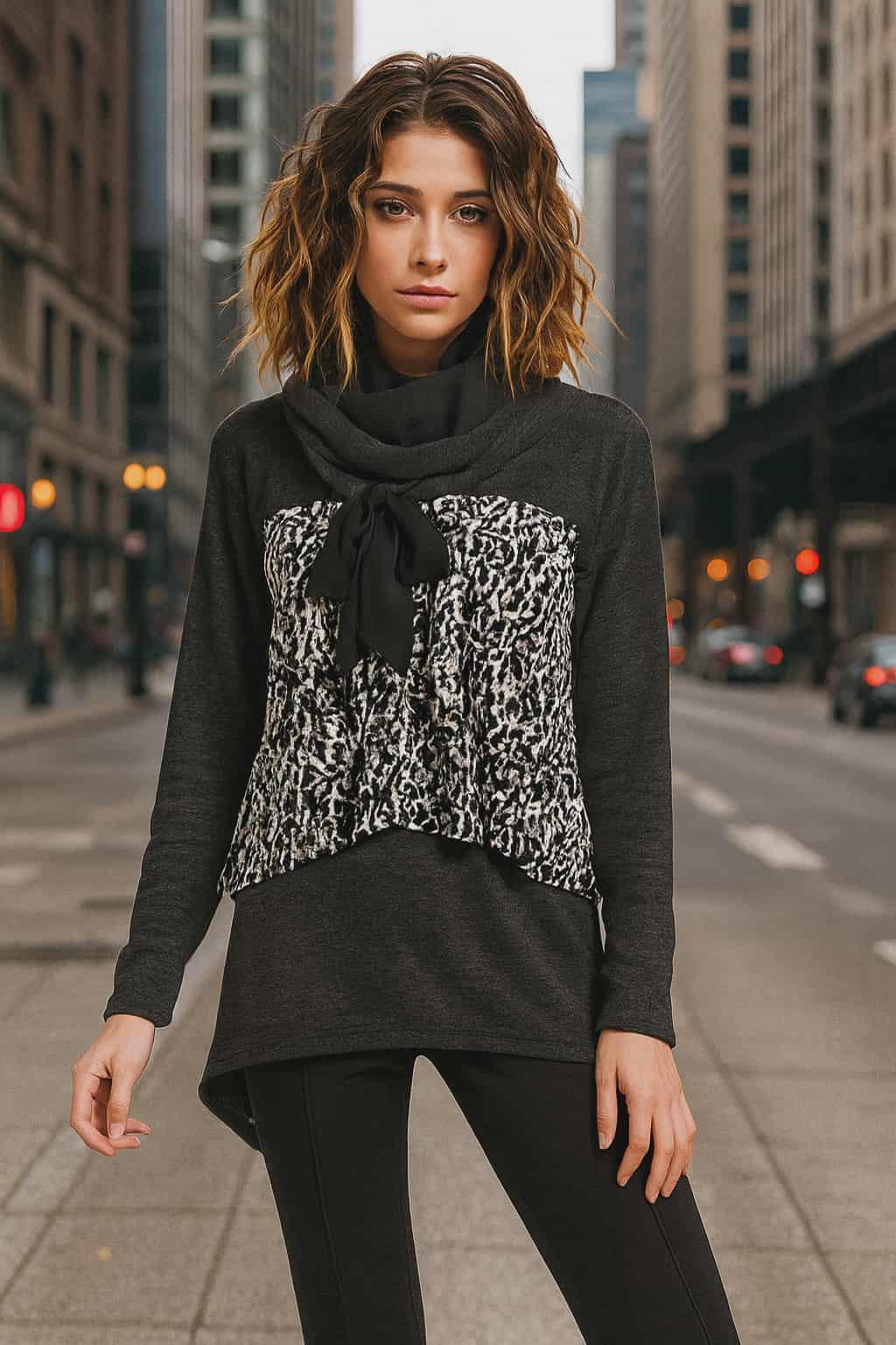 Model wearing charcoal & white print sweater with cowl neck and bow detail