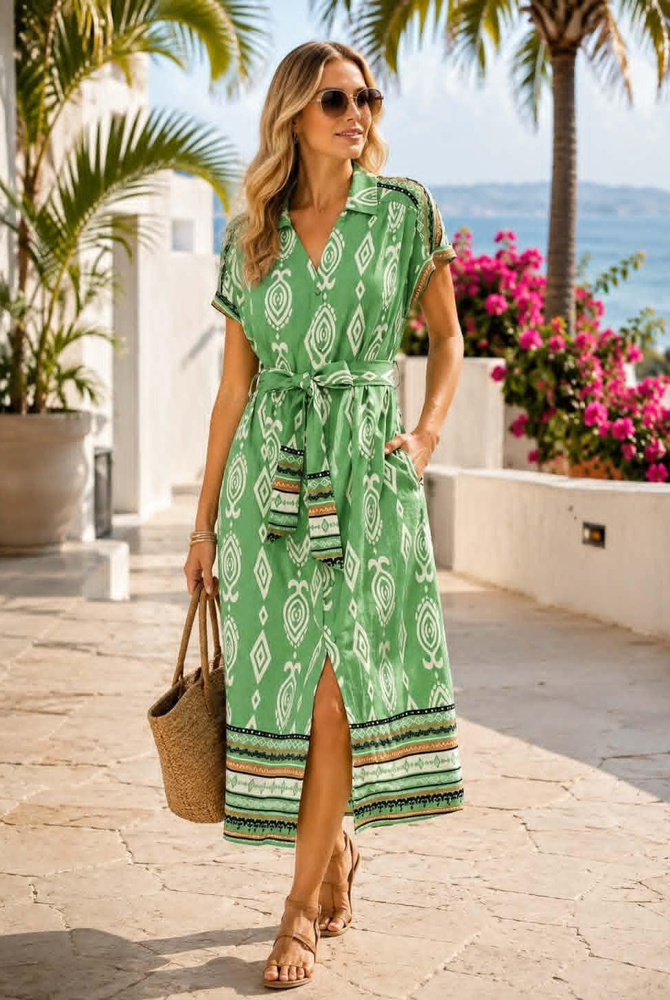 Umgee sage green geometric print woven midi dress with a collared V-neckline, matching self-tie belt, contrast-trim short sleeves, side pockets, and a front slit.