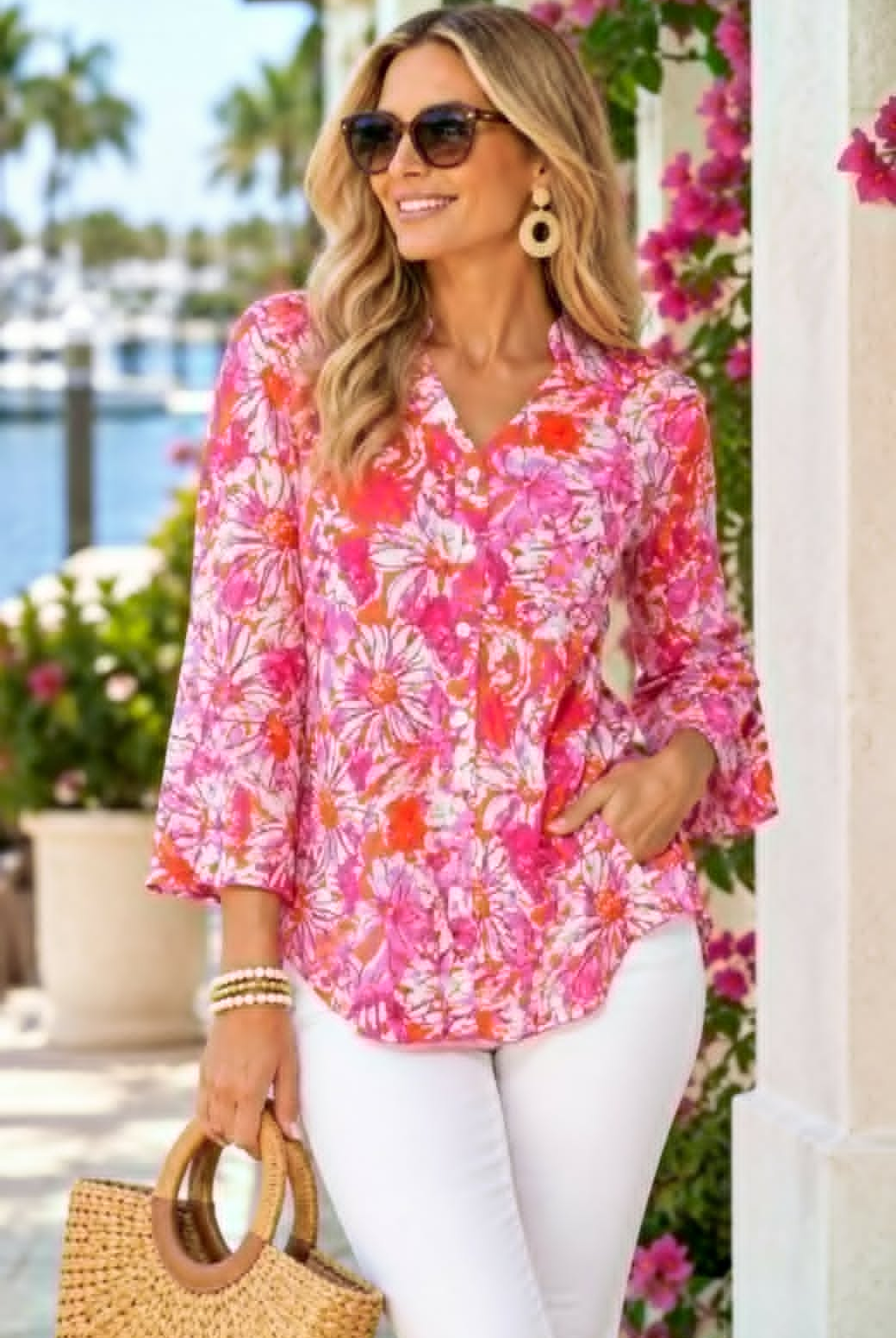 SnoSkins Made in USA pink coral and orange floral button-front blouse with three-quarter bell sleeves