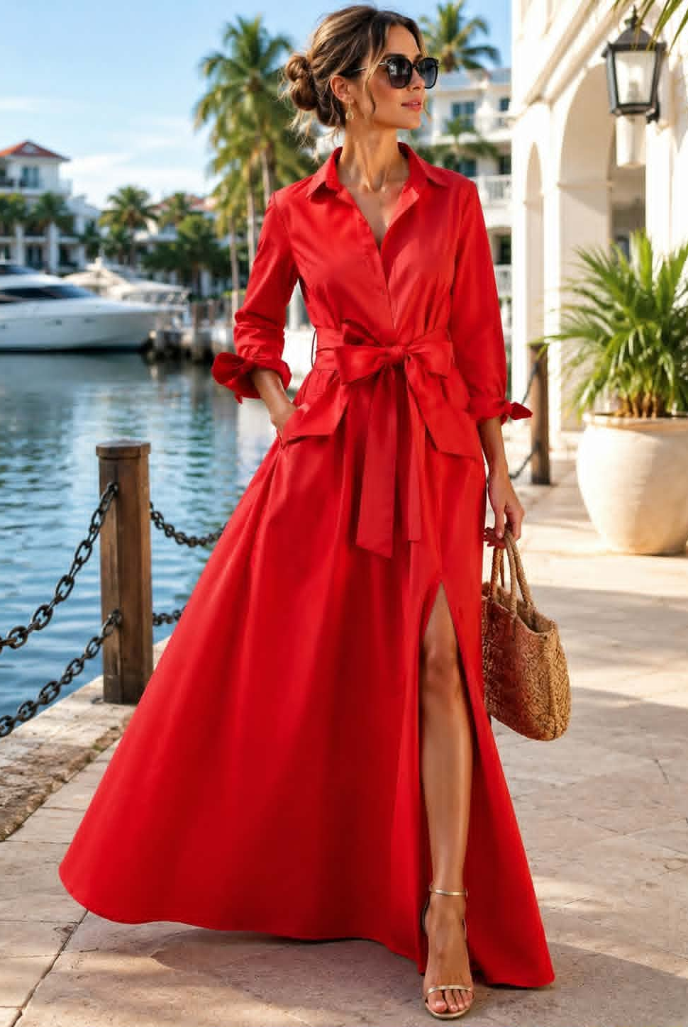 Woman wearing a red belted button-front maxi shirt dress styled for an elegant resort look.