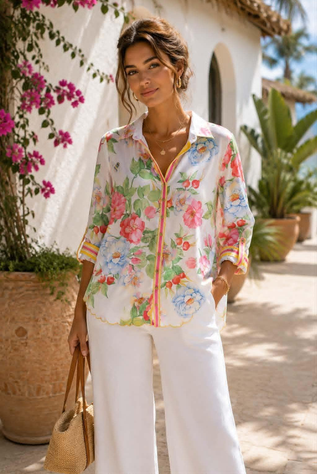 Aratta La Ville Rose white floral blouse with colorful botanical print, striped trim and scalloped hem styled with white pants