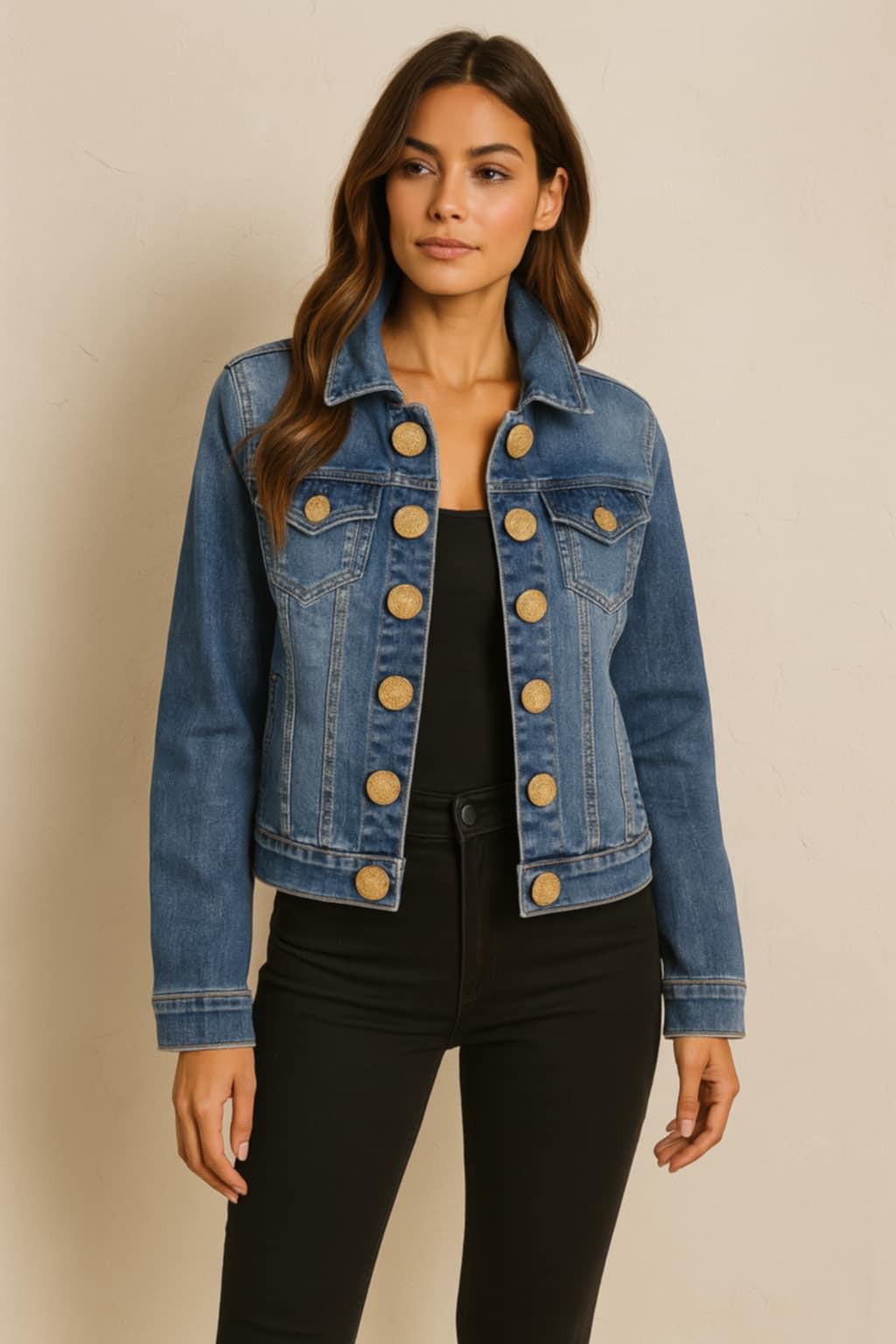 Chic Denim Jacket with Bold Gold Buttons By Orly – Petunias of Naples