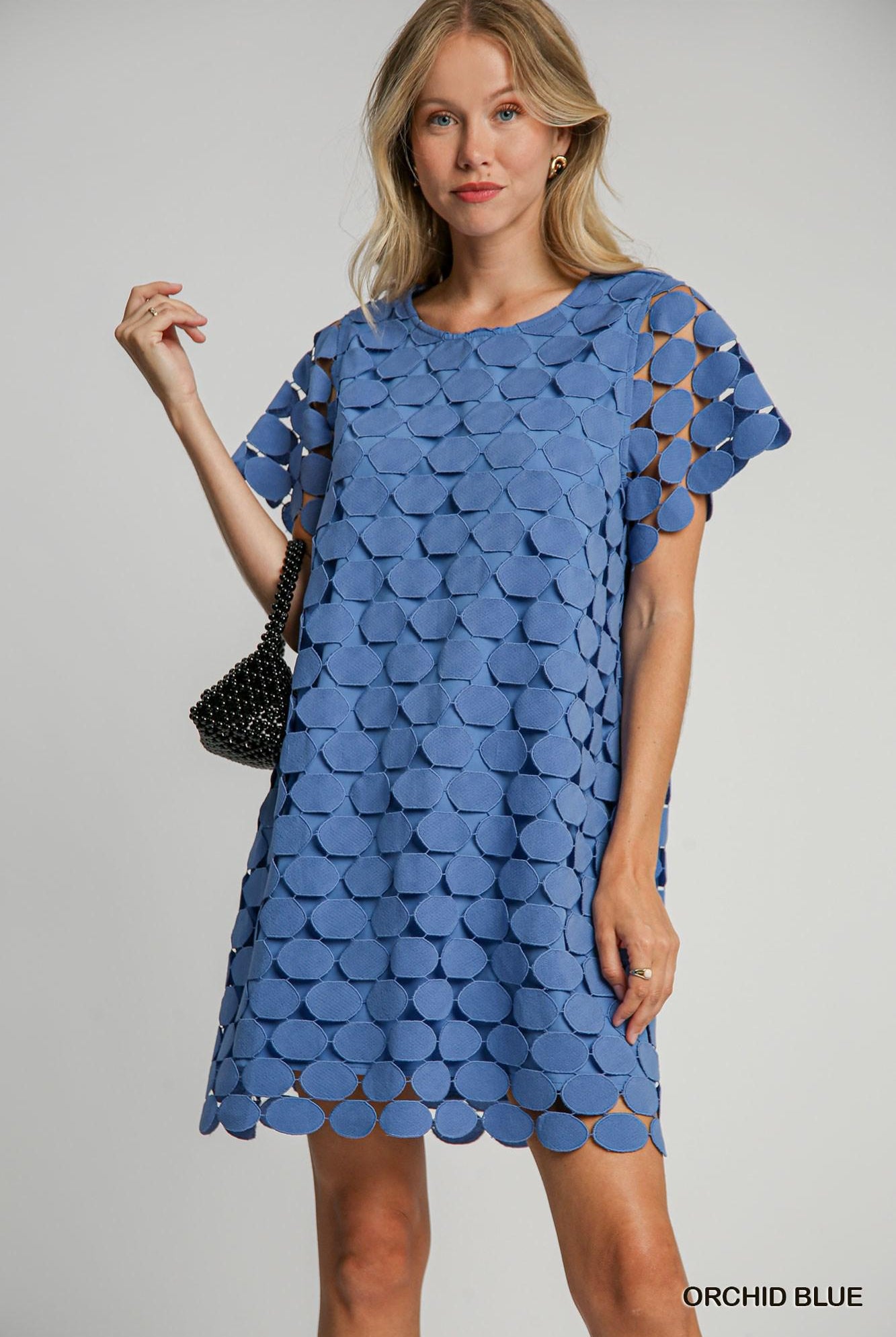 Orchid blue scalloped overlay dress with cutout sleeves