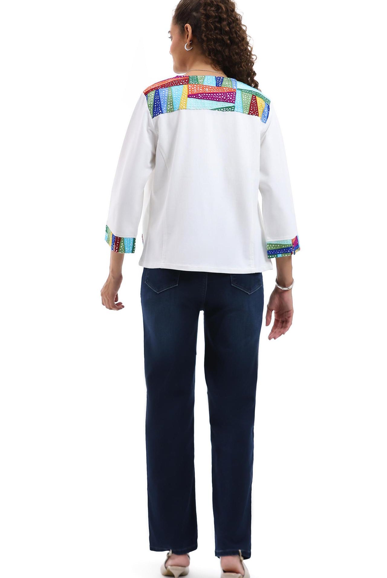 Multicolor Parsley & Sage knit jacket layered over white top and jeans, back view