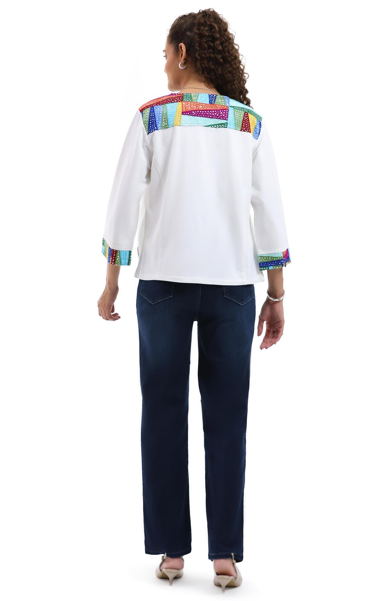 Multicolor Parsley & Sage knit jacket layered over white top and jeans, back view