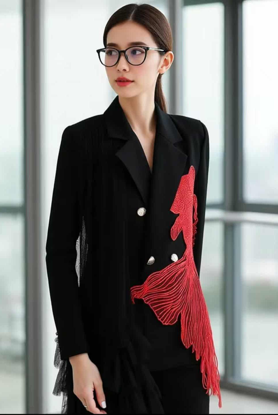 Black blazer with red embroidered koi fish and cascading tulle detail, styled with silver buttons – urban chic women’s statement jacket
