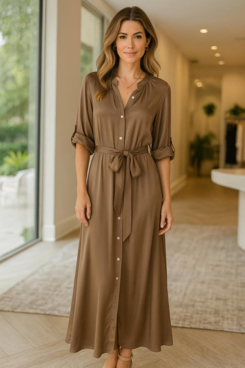 Taupe Button Front Maxi Dress with Tie Waist & Pockets Taupe Button Front Maxi Dress with Tie Waist & Pockets
