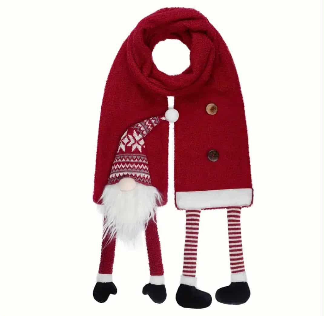 Red whimsical gnome scarf with festive details, cozy winter accessory and holiday gift idea
