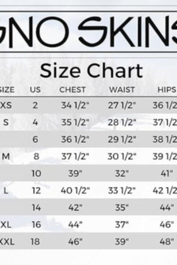 A SNO SKINS size chart table showing measurements in US sizes from XS to XXL, with chest, waist, and hip dimensions listed on a light background.